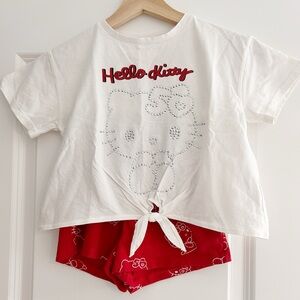 Zara kids Hello Kitty Rhinestone Tie-Front Shirt and Shorts Set Size 6-7